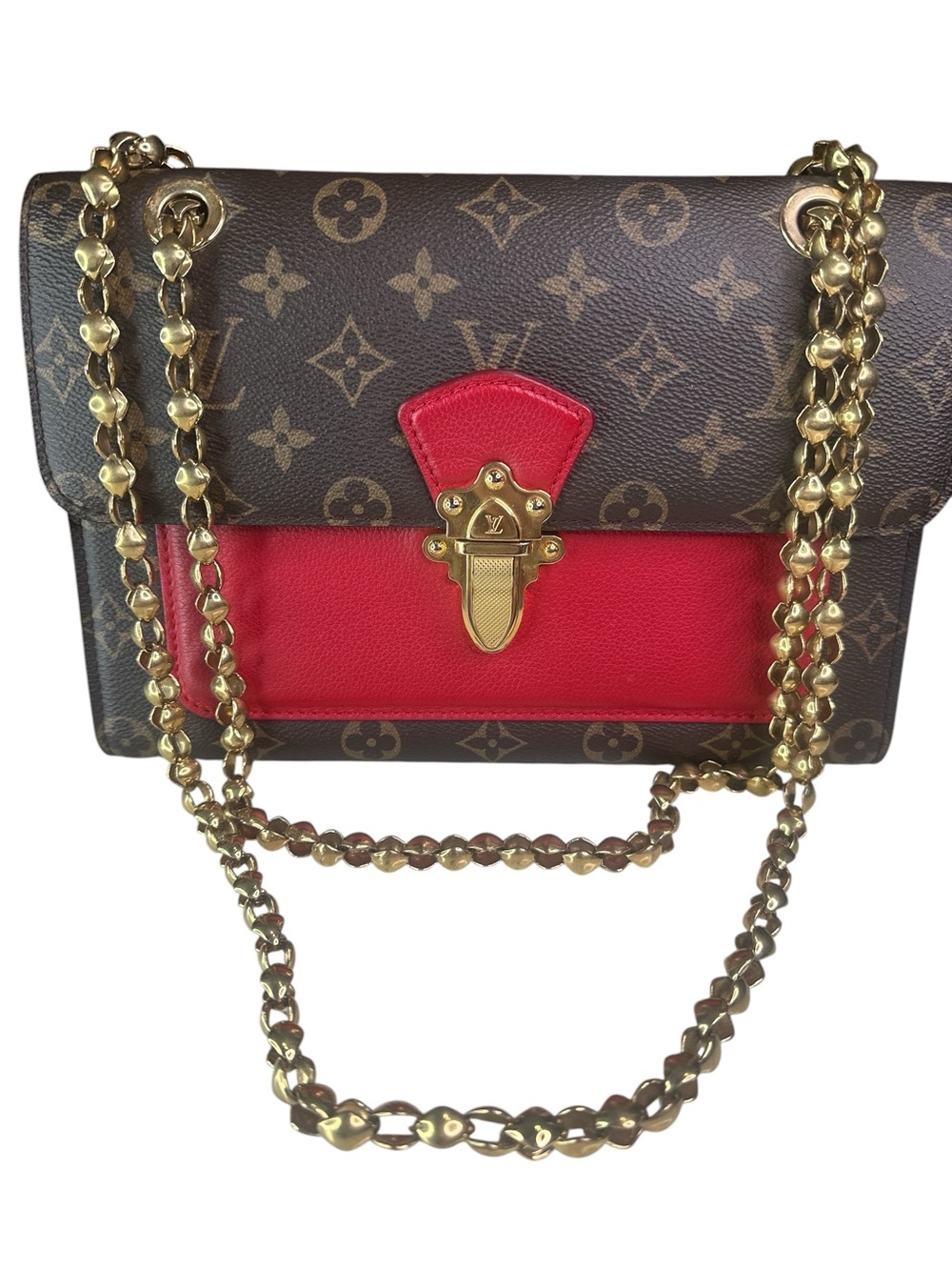 Louis Vuitton Monogram Canvas Crossbody with Red Leather and Gold Chain